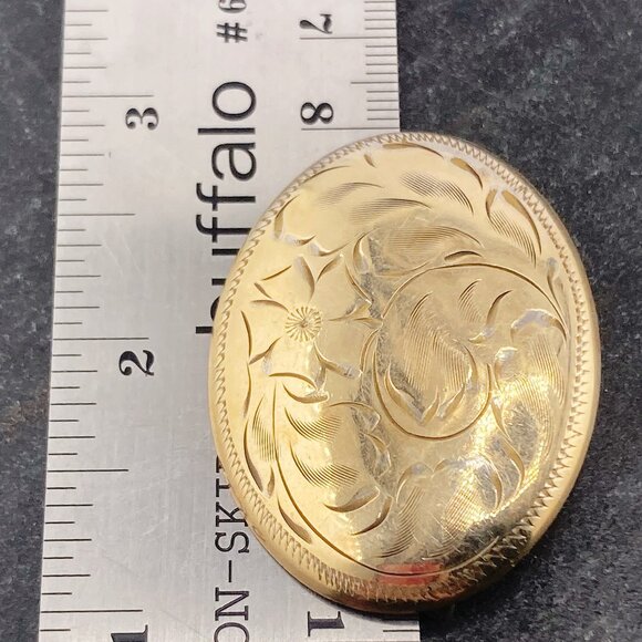 BURKHARDT Vintage etched gold-filled oval brooch with flower and leaf design pin - Picture 2 of 8